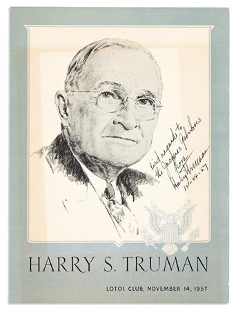 (PRESIDENTS.) Two Lotos Club menus, each Signed by the State Dinner honoree, on front cover: Harry S. Truman * Dwight D. Eisenhower.